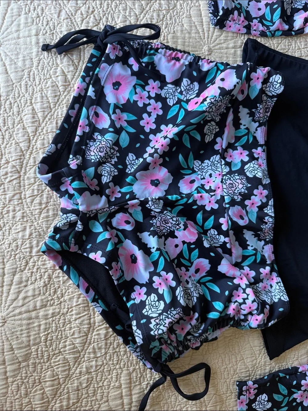 Floral Long-Sleeve Rash Guard Set - Black & Pink